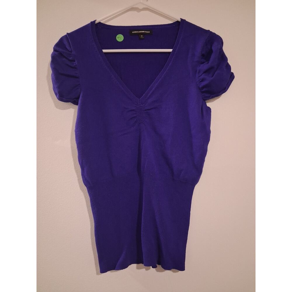 Express Design Studio Women's Purple Knit V-Neck Puff Short Sleeve Sweater M